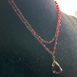 90s Vintage Red Vamp Beaded Layered Necklace with Dark Red Faceted Pendant